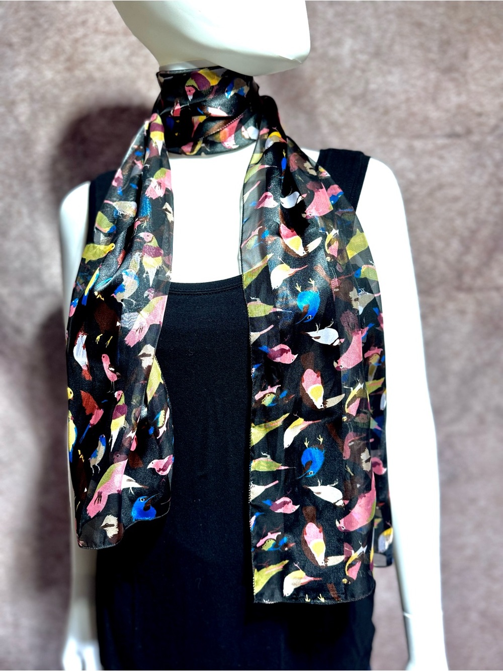 Silky Black & Sheer Bird-Print Scarf